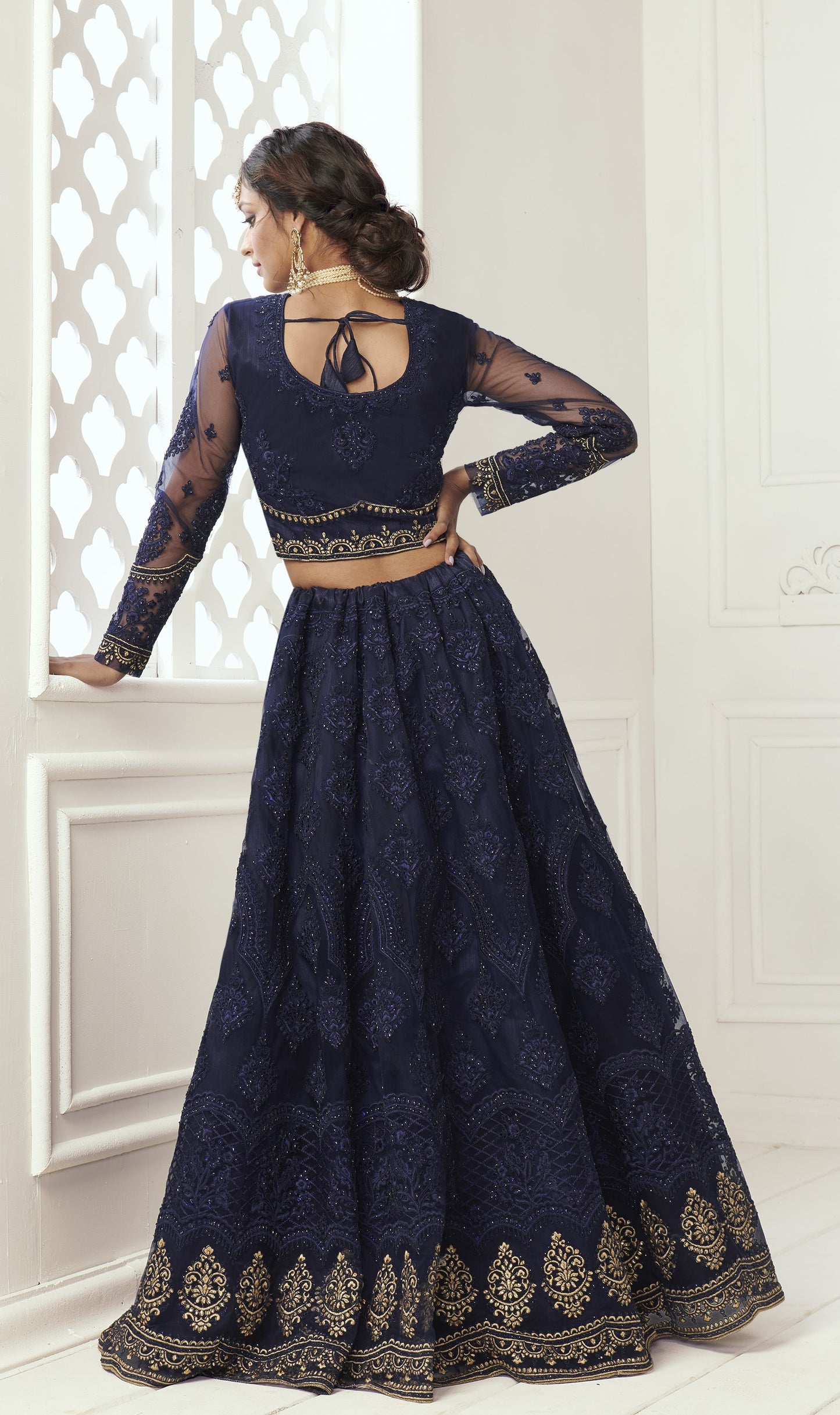 Navy Blue Heavy Embroidered Net Bridal Lehenga