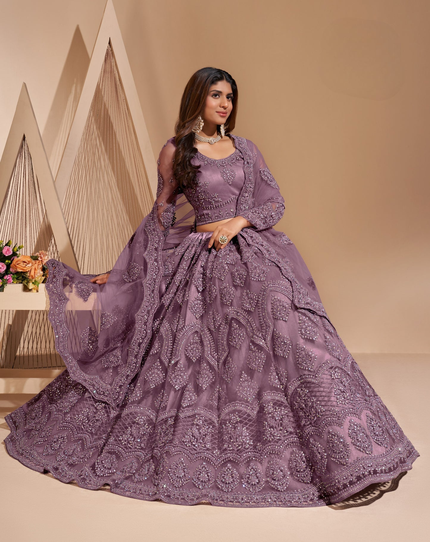 Bloom Mauve Heavy Embroidered Net Lehenga