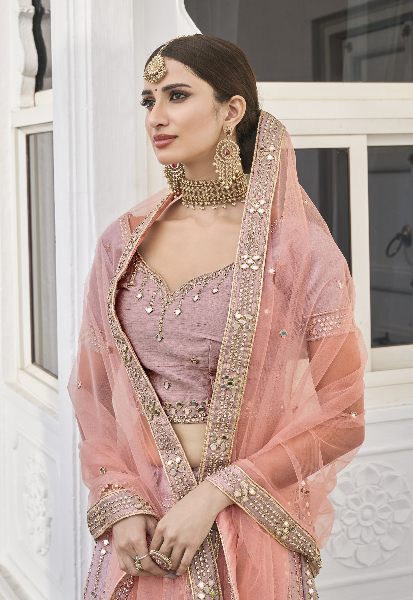Dusty Rose Pink Mirror Work Designer Silk Lehenga