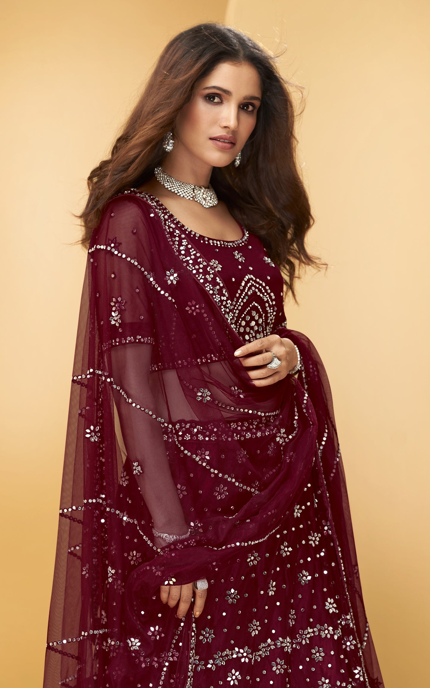 Marvel Maroon Heavy Mirror & Zarkan Work Designer Net Lehenga