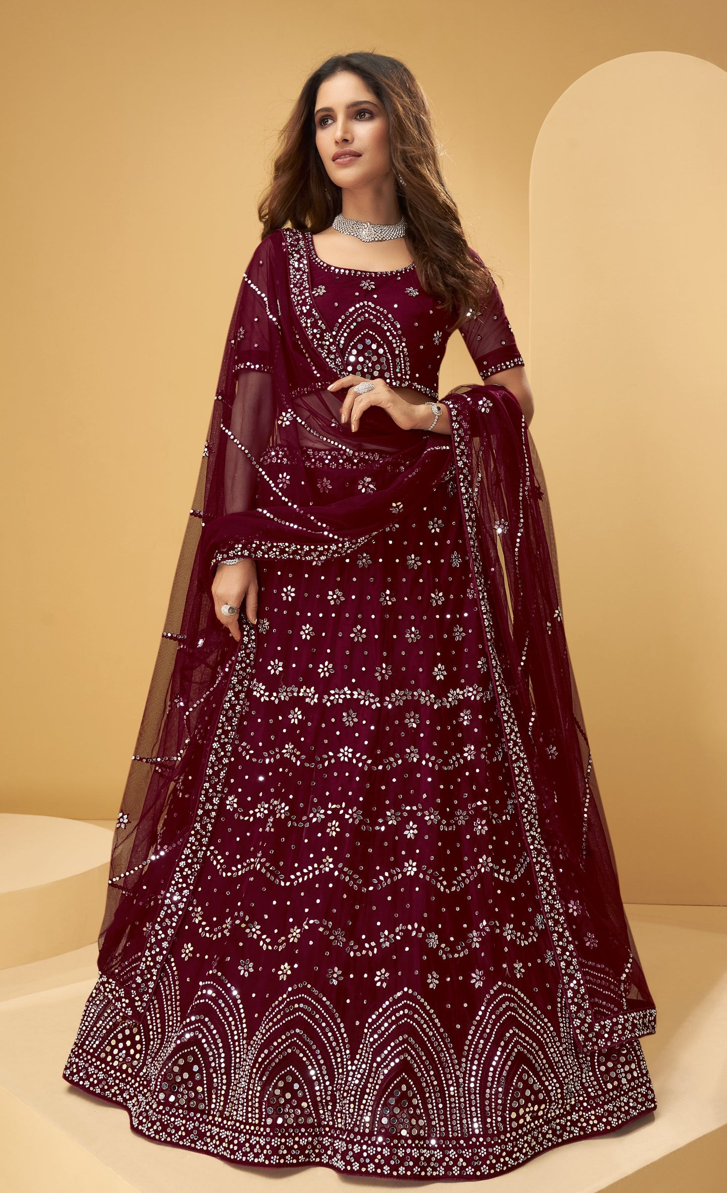 Marvel Maroon Heavy Mirror & Zarkan Work Designer Net Lehenga