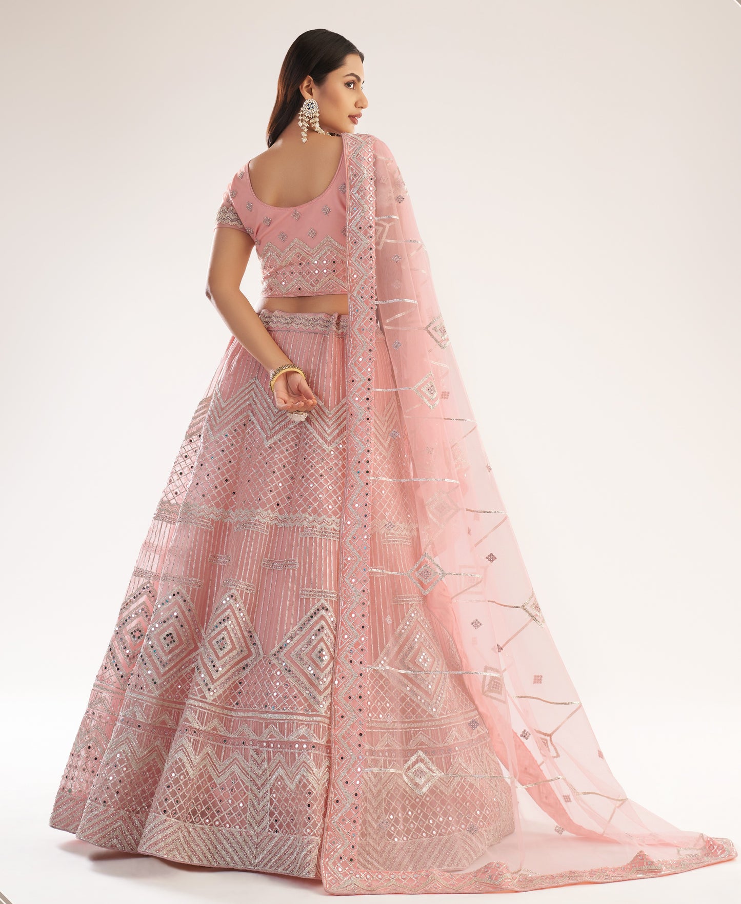 Powder Pink Heavy Embroidered Net Bridal Lehenga