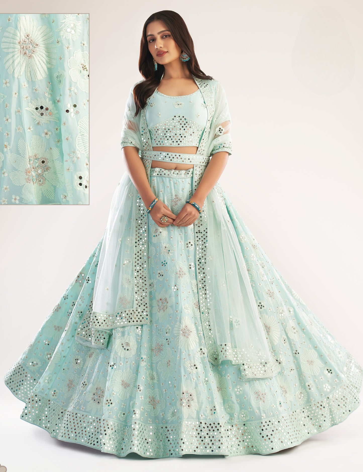 Pistachio Green Heavy Embroidered Net Bridal Lehenga