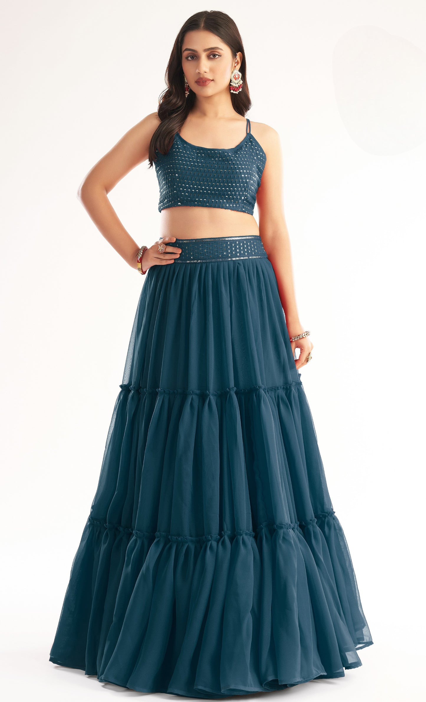 Teal Blue Georgette Layered Readymade Lehenga
