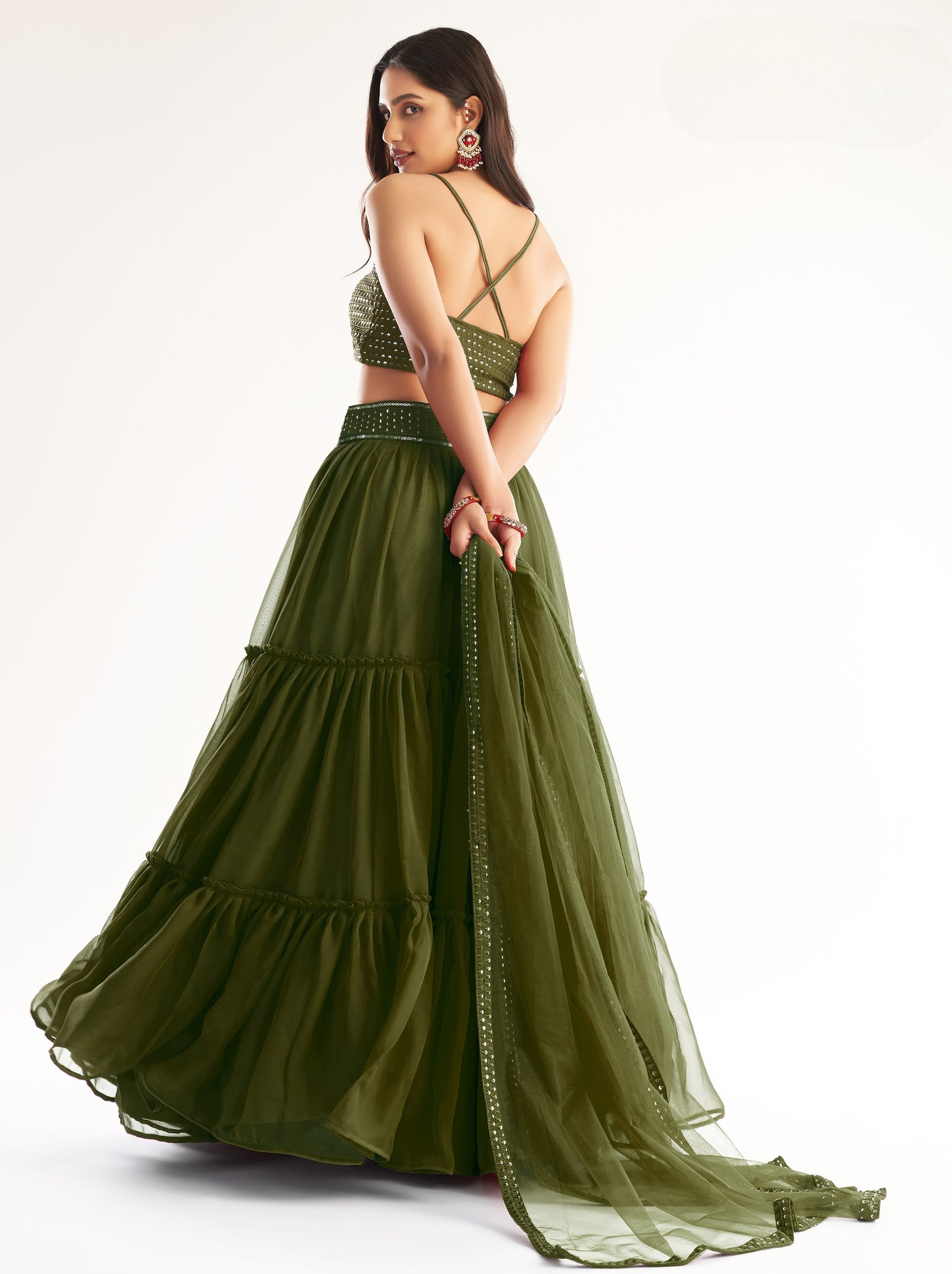 Juniper Green Georgette Layered Readymade Lehenga