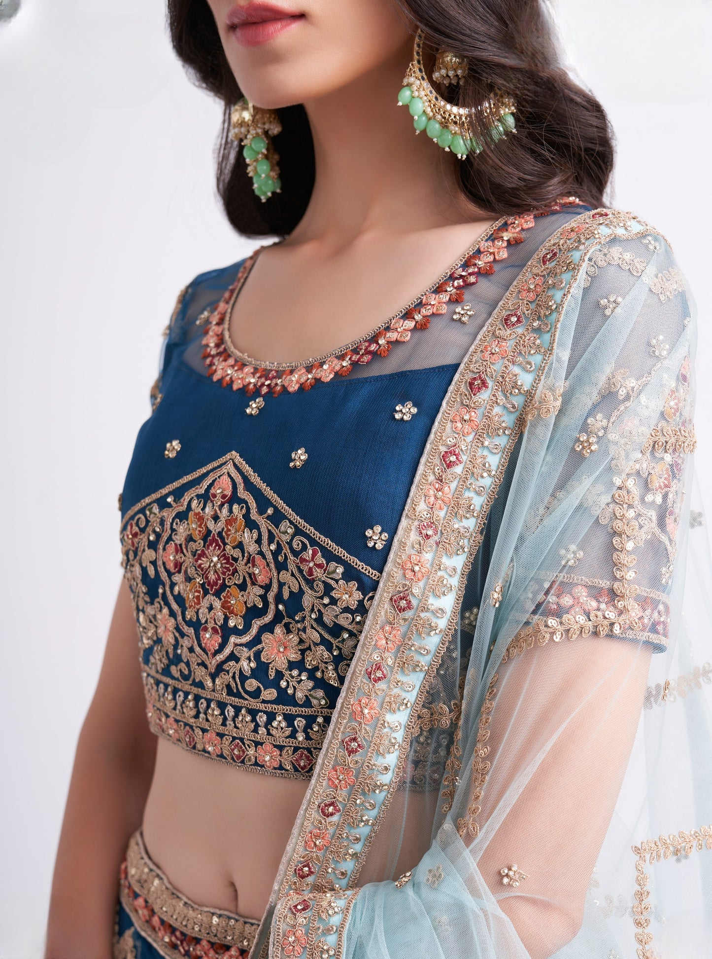 Dark Sapphire Blue Heavy Embroidered Net Designer Lehenga