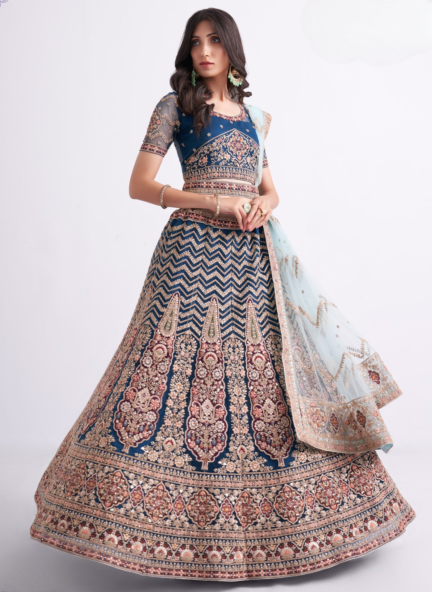 Dark Sapphire Blue Heavy Embroidered Net Designer Lehenga
