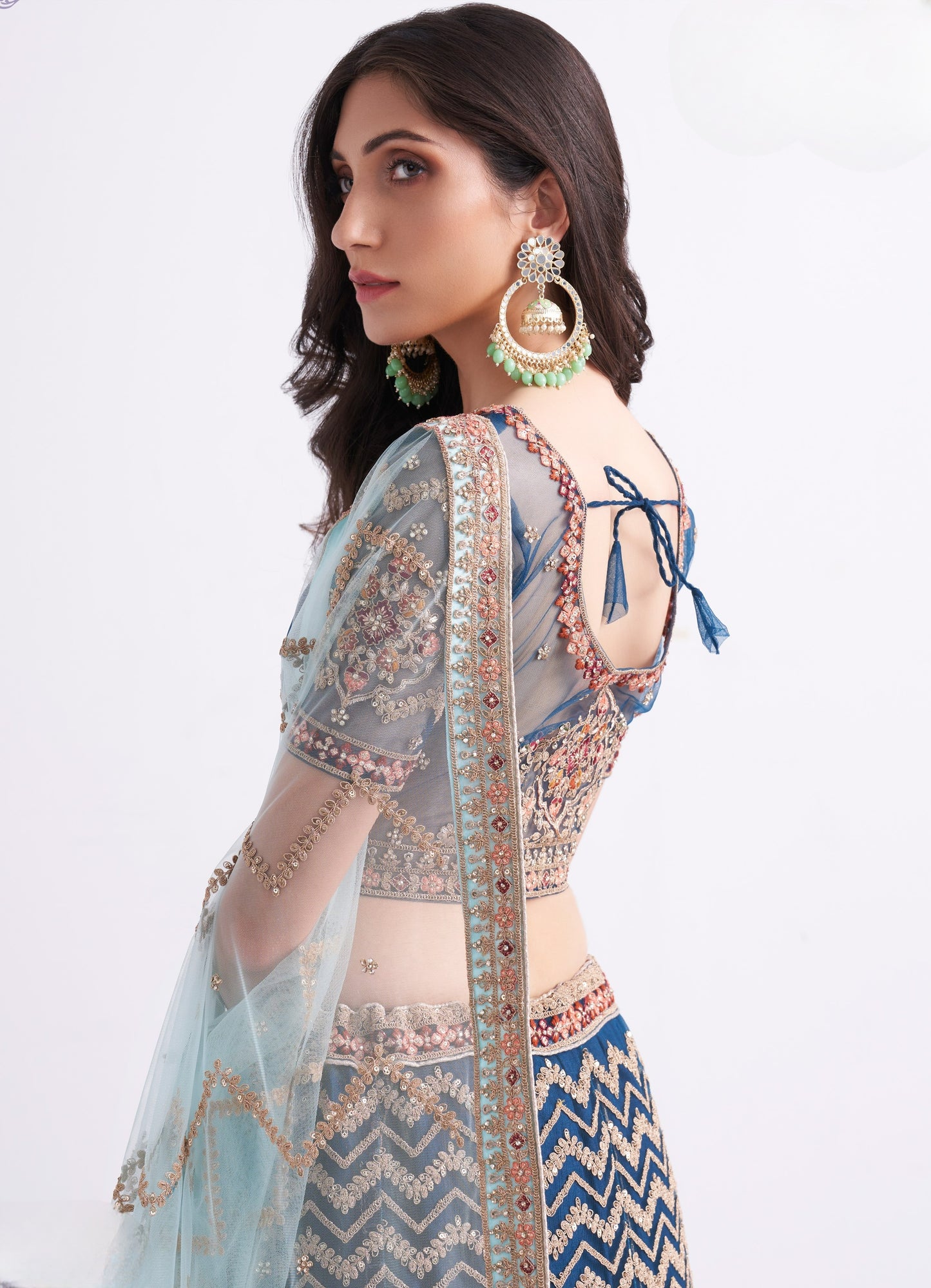 Dark Sapphire Blue Heavy Embroidered Net Designer Lehenga