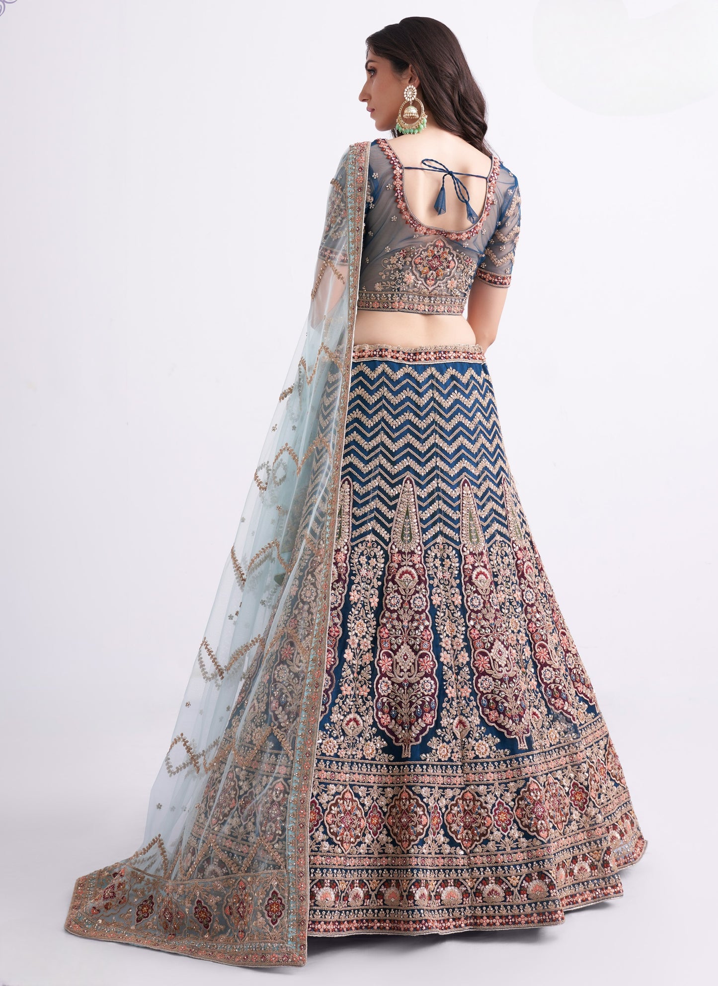 Dark Sapphire Blue Heavy Embroidered Net Designer Lehenga