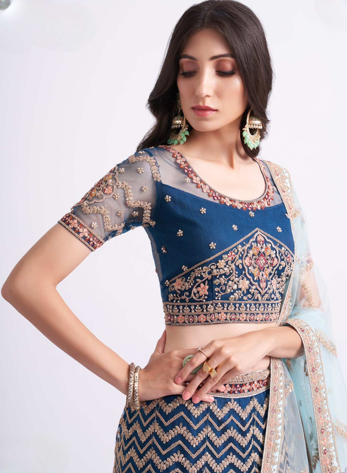 Dark Sapphire Blue Heavy Embroidered Net Designer Lehenga