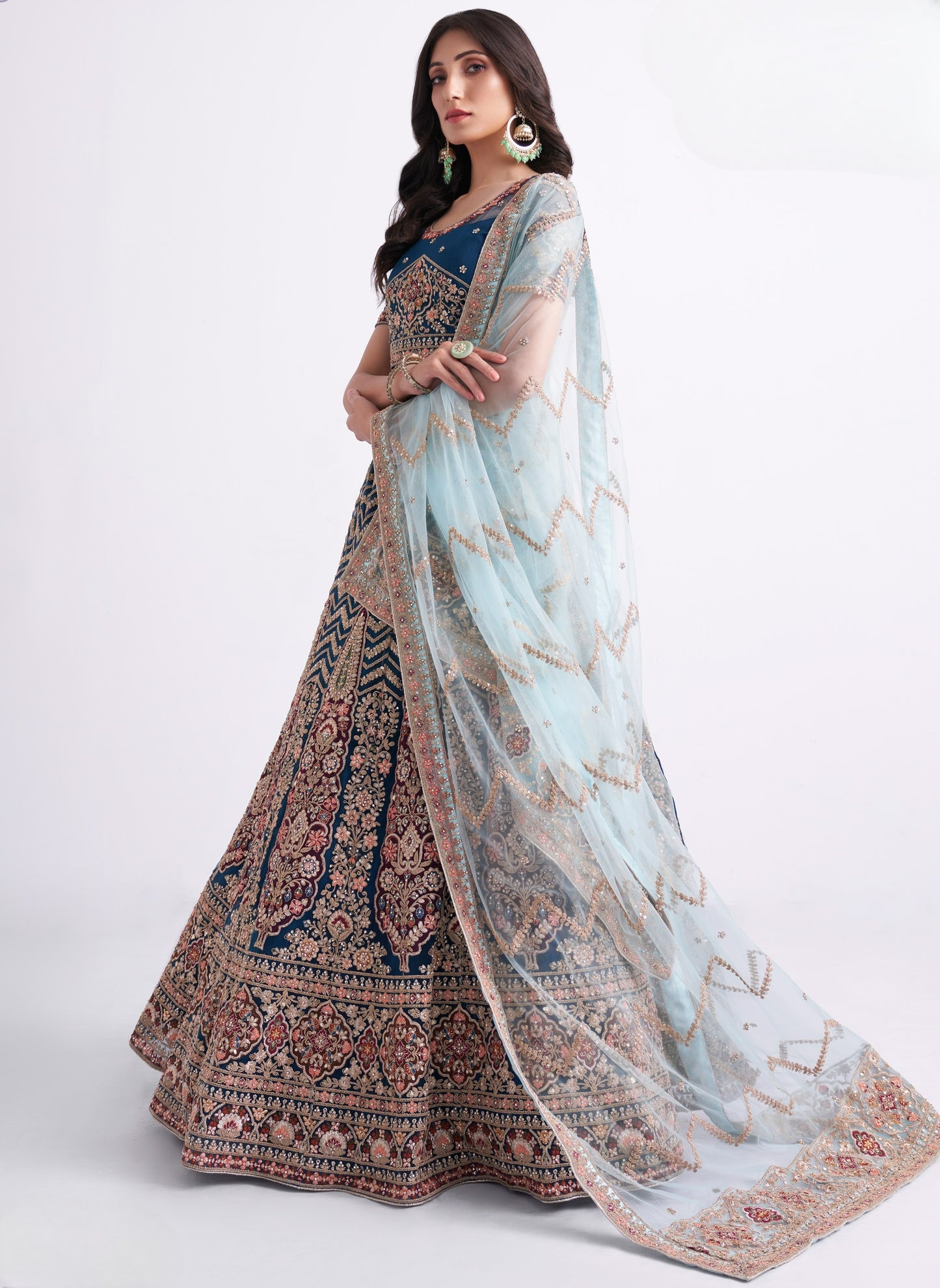 Dark Sapphire Blue Heavy Embroidered Net Designer Lehenga