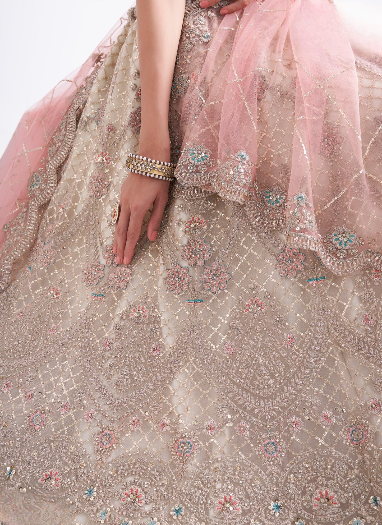 Pale Pink Heavy Embroidered Net Designer Bridal Lehenga