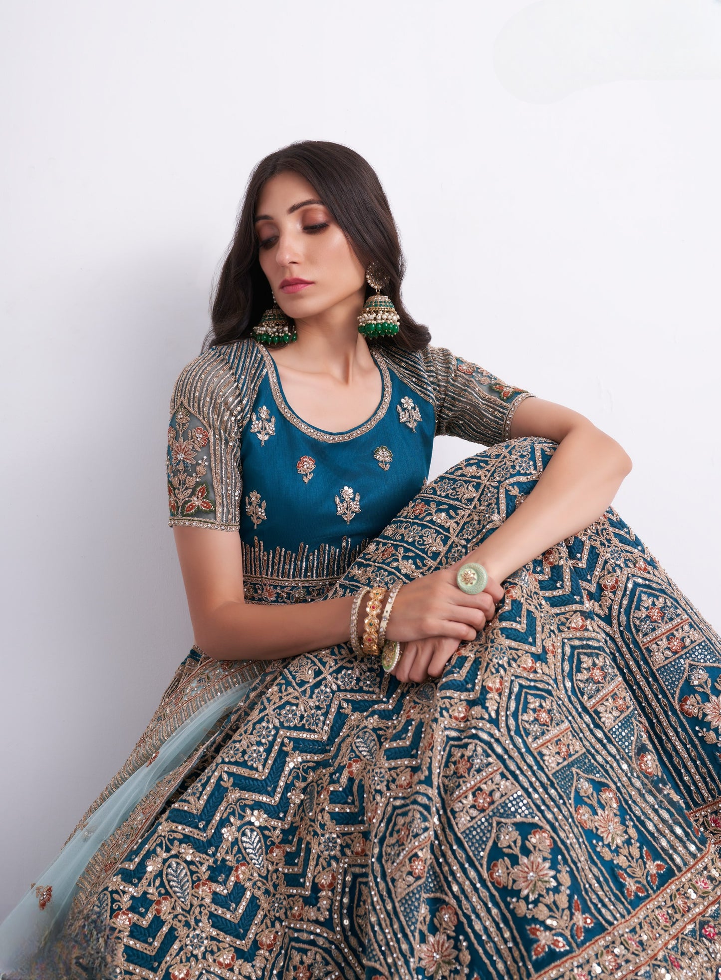 Aegean Blue Heavy Embroidered Georgette Designer Lehenga
