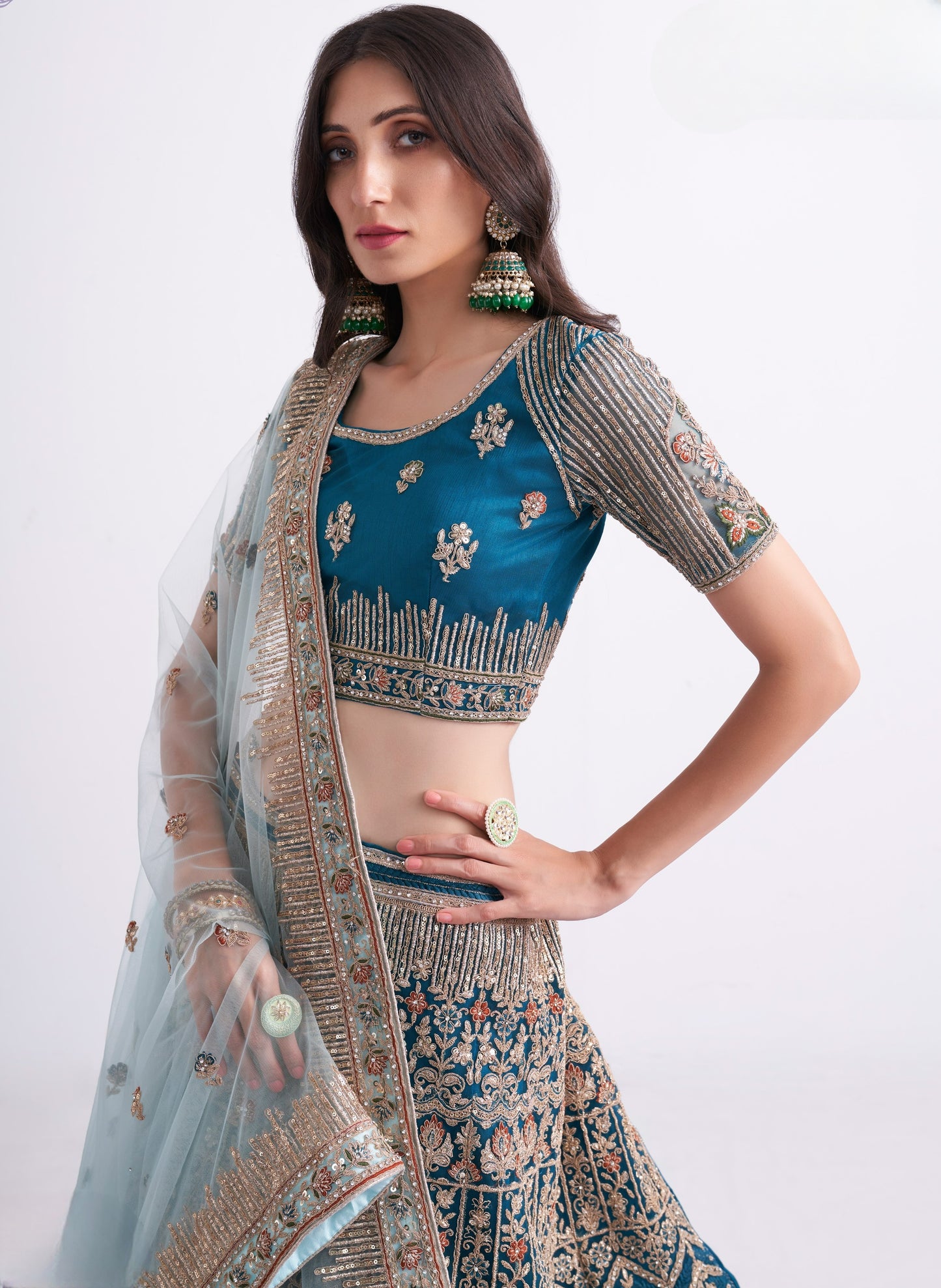 Aegean Blue Heavy Embroidered Georgette Designer Lehenga
