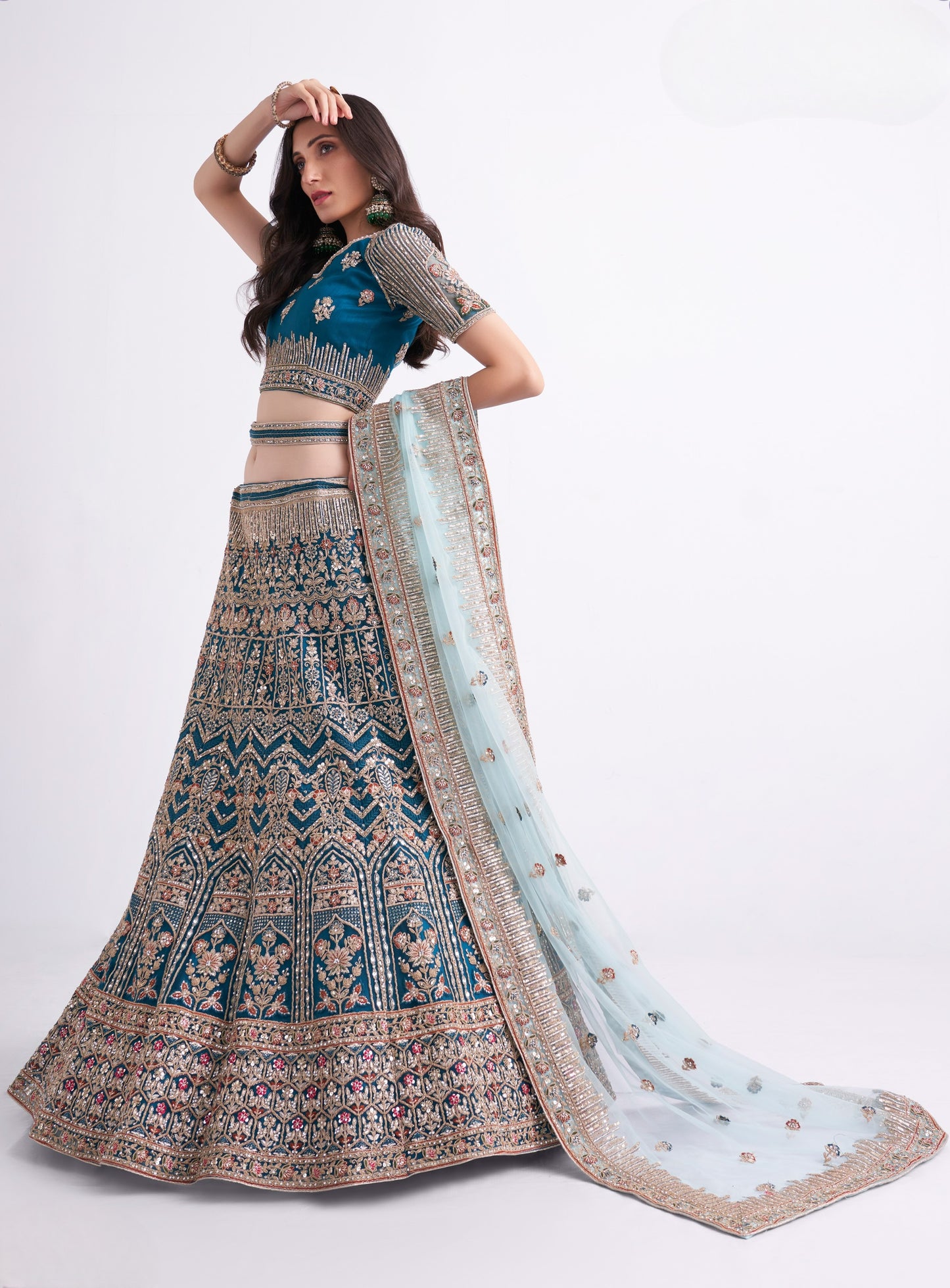Aegean Blue Heavy Embroidered Georgette Designer Lehenga