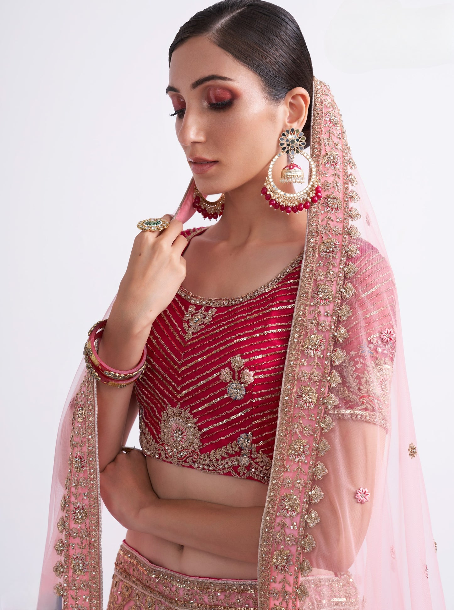 Rani Pink Shaded Heavy Embroidered Georgette Designer Lehenga