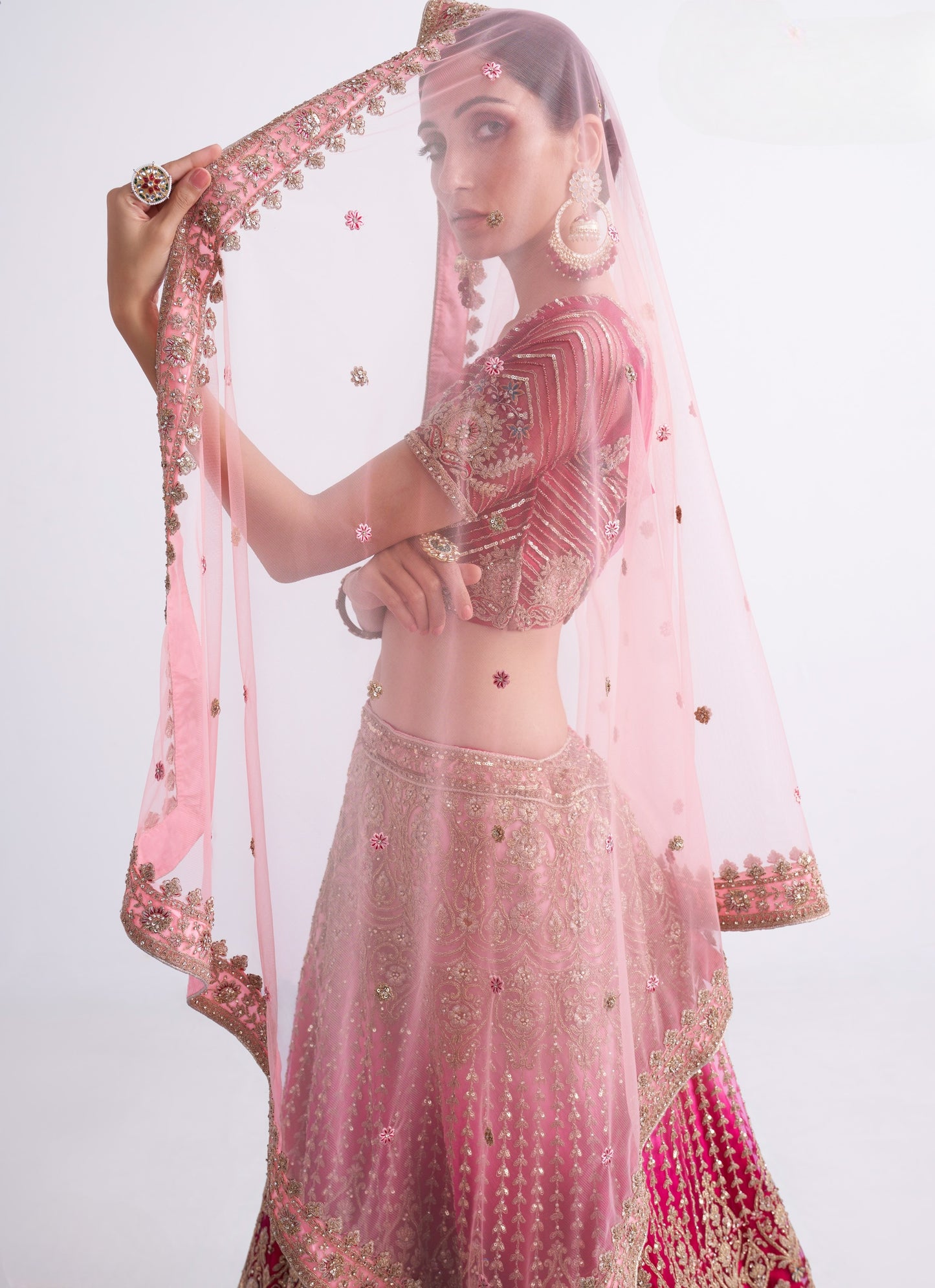 Rani Pink Shaded Heavy Embroidered Georgette Designer Lehenga