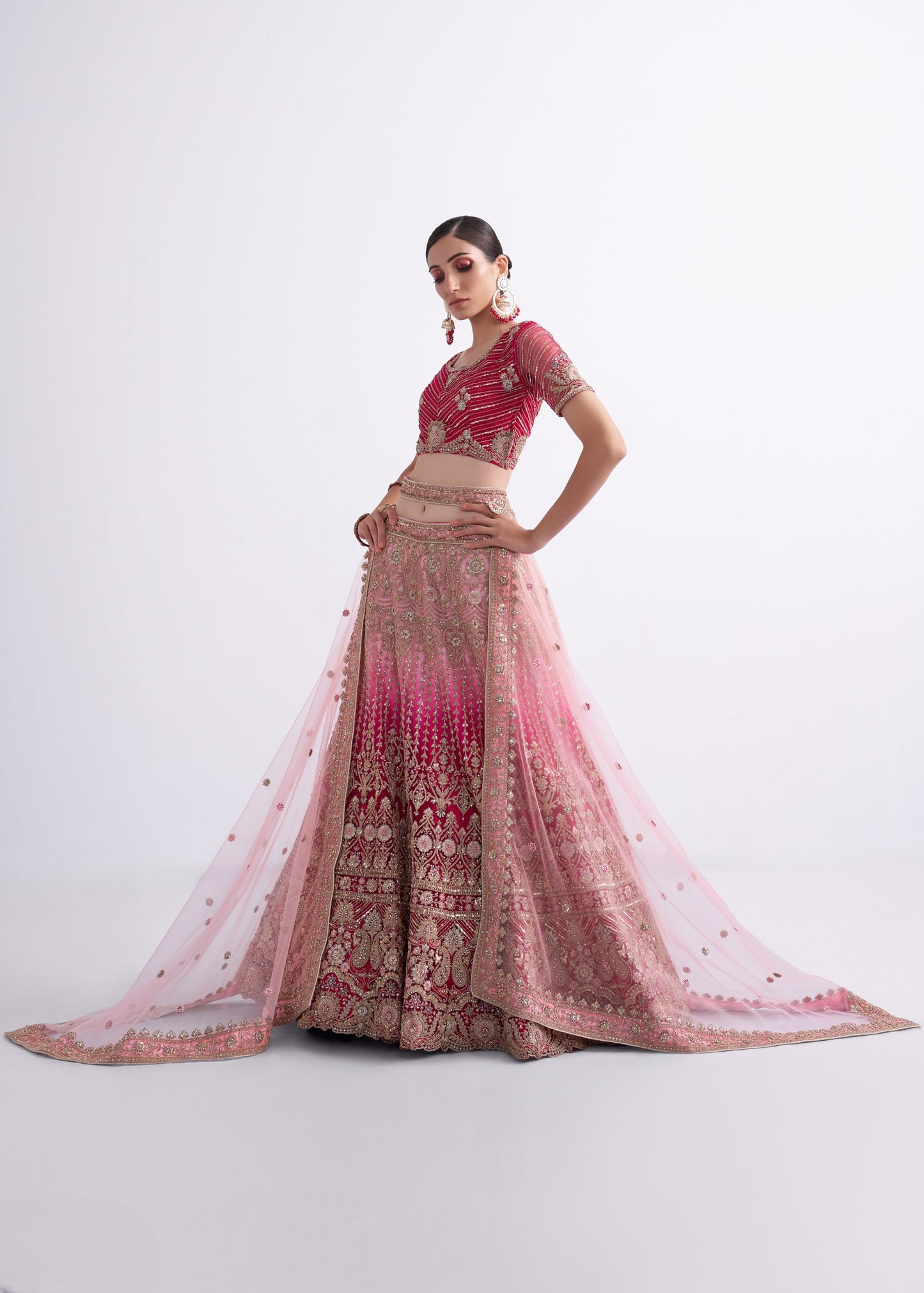Rani Pink Shaded Heavy Embroidered Georgette Designer Lehenga