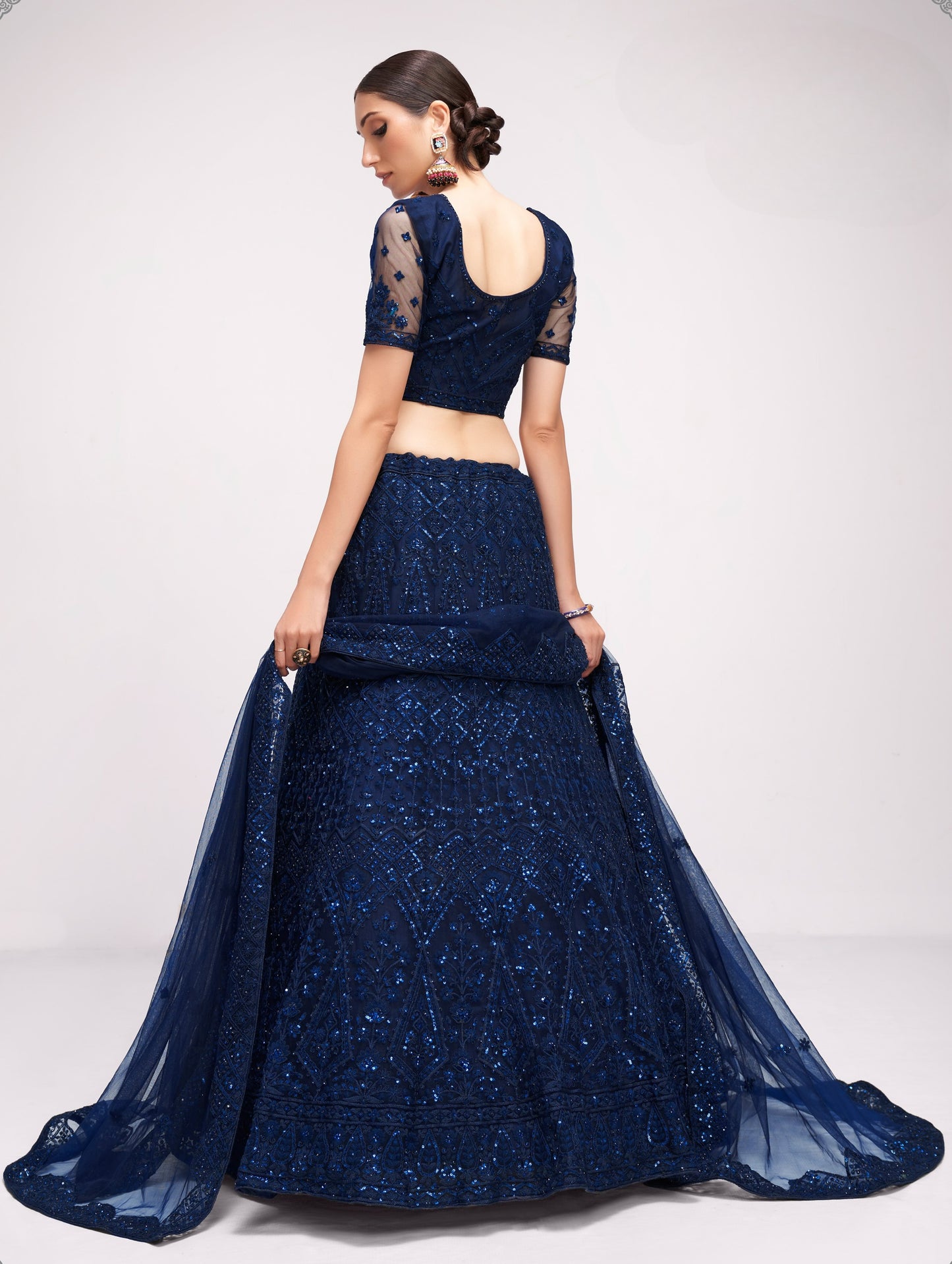 Indigo Blue Embroidered Net Lehenga