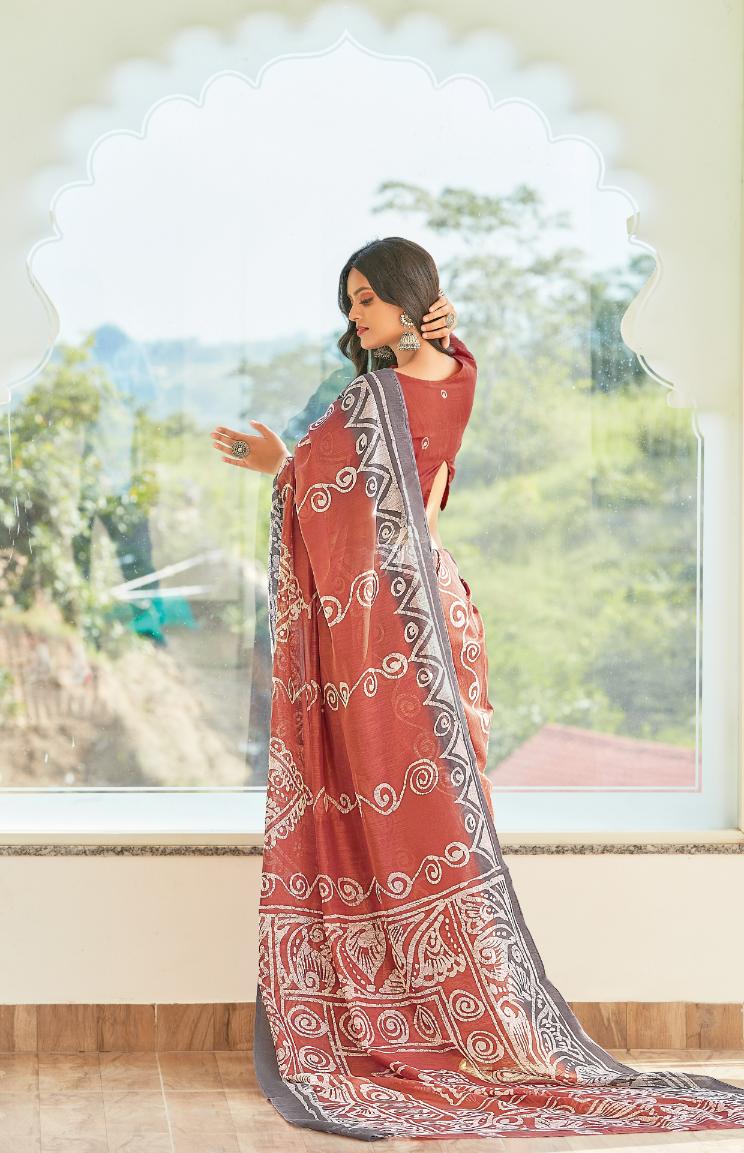 Brown & Grey Printed Handloom Cotton Saree