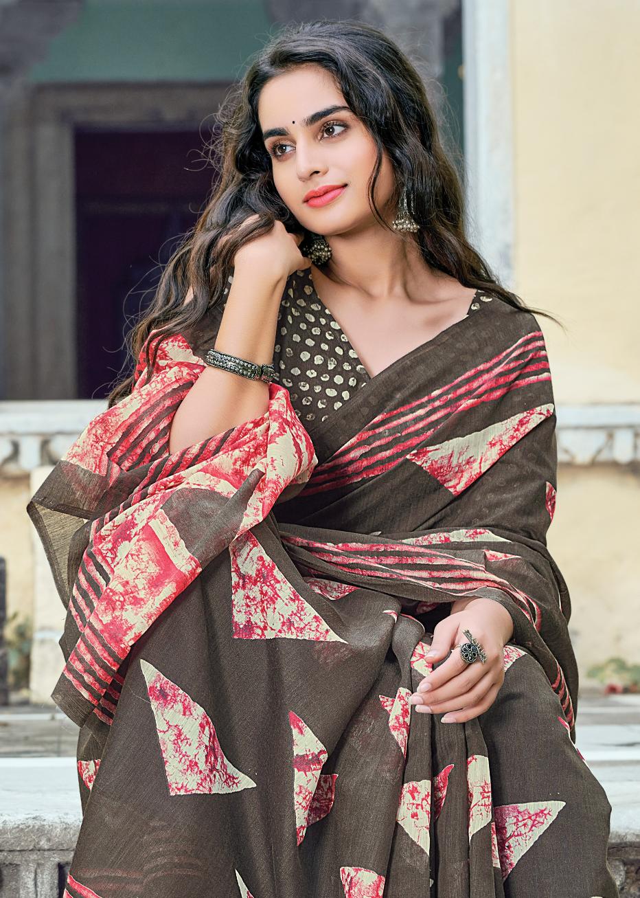 Marshy Brown Printed Handloom Cotton Saree