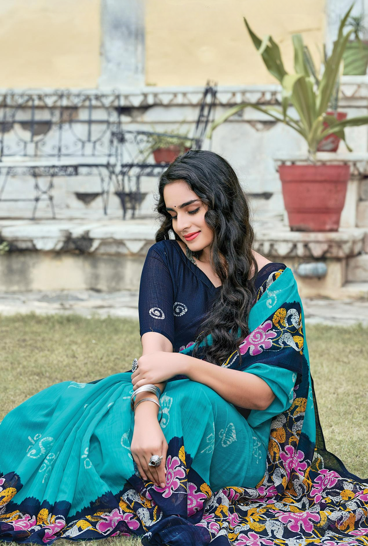 Dusty Blue Printed Handloom Cotton Saree