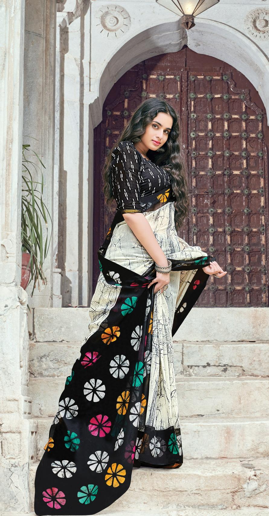 Off White Printed Handloom Cotton Saree