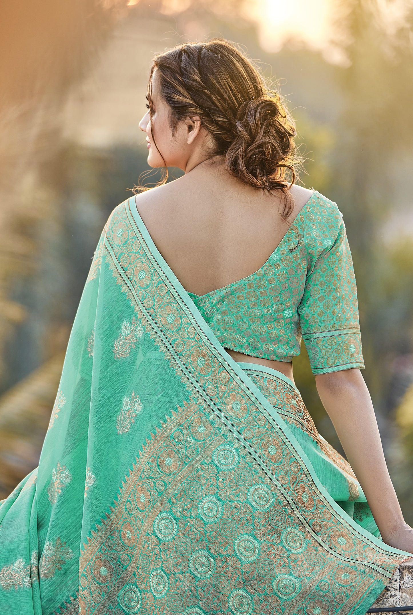 Seafoam Green Zari Woven Linen Silk Saree