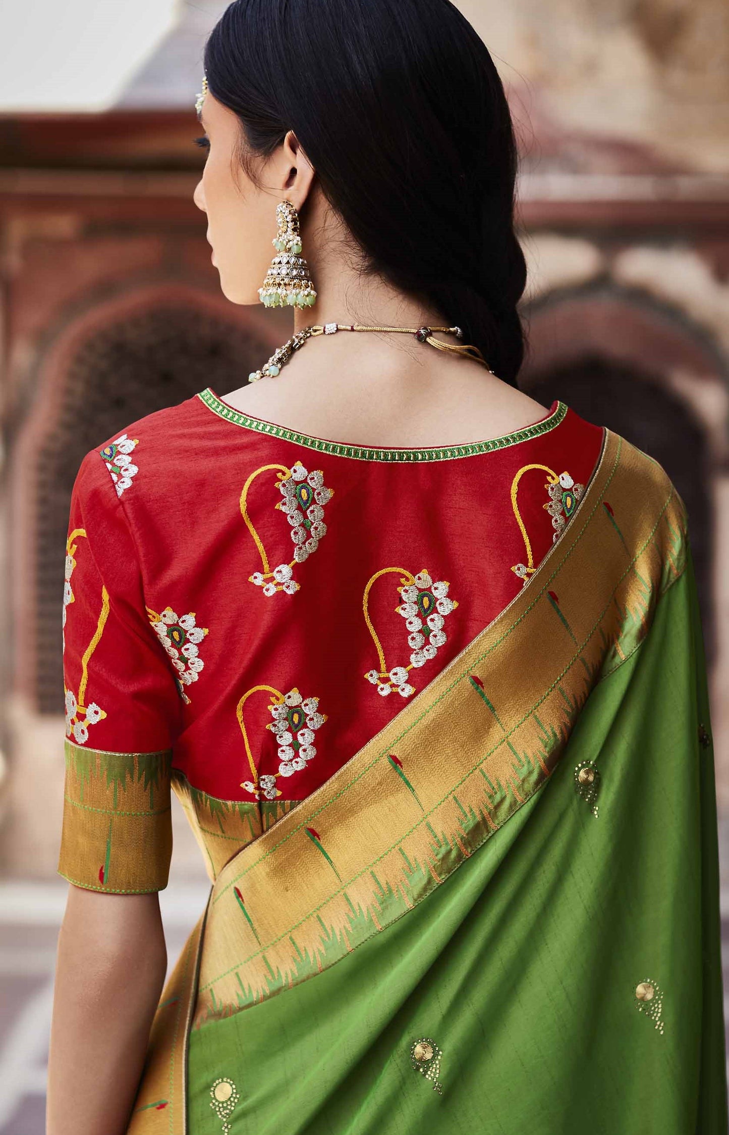 Parrot Green Paithani Saree With Designer Blouse