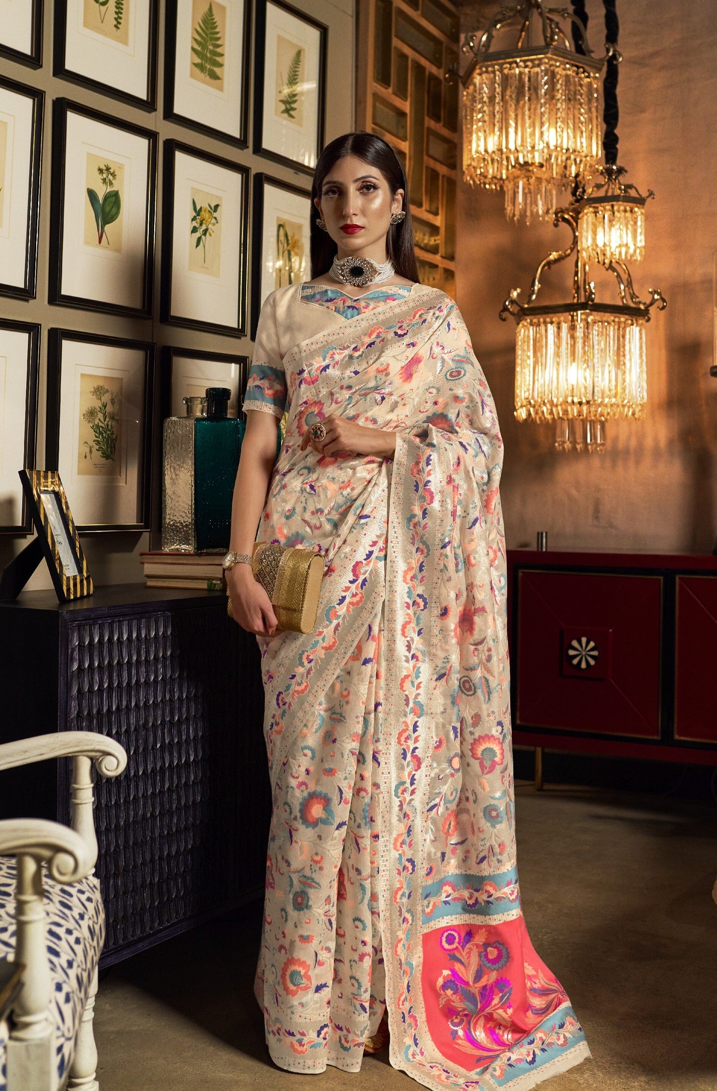 Pearl White Kashmiri Kani Jamewar Saree