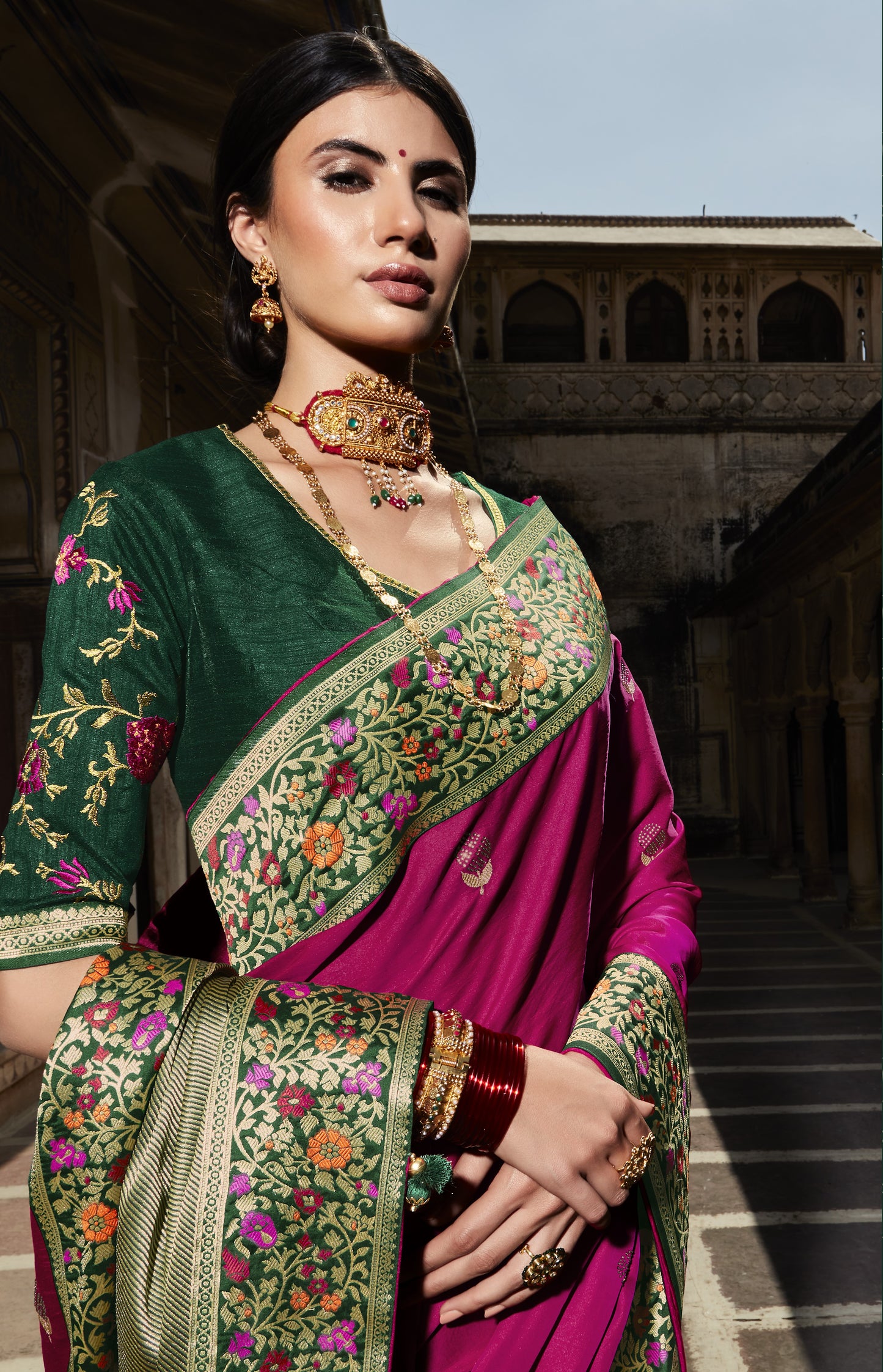 Rani Pink Silk Saree With Designer Blouse