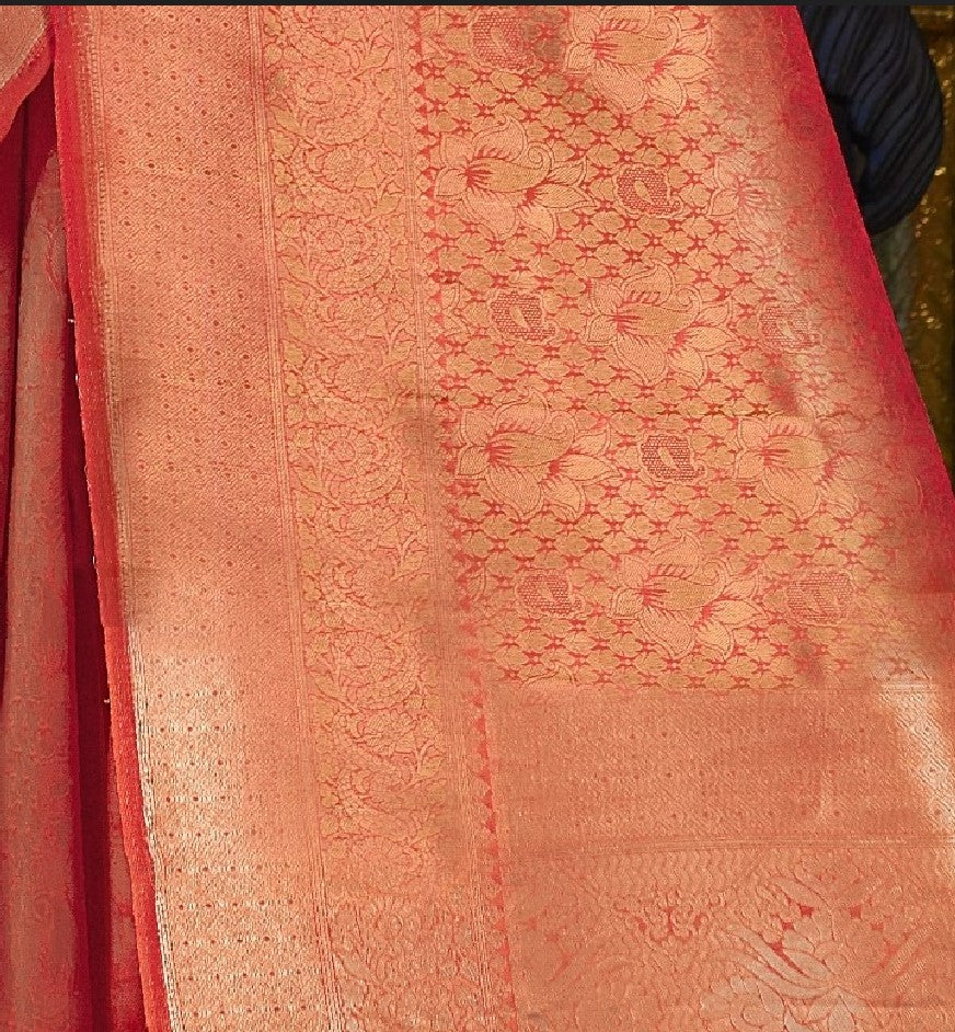 Golden Red Kanjivaram Silk Saree