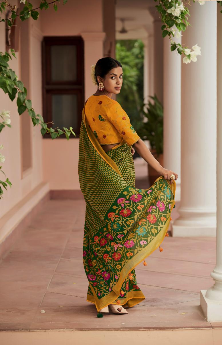 Green & Yellow Brasso Saree With Embroidered Blouse