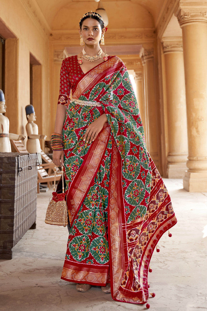Red & Green Patola Silk Saree