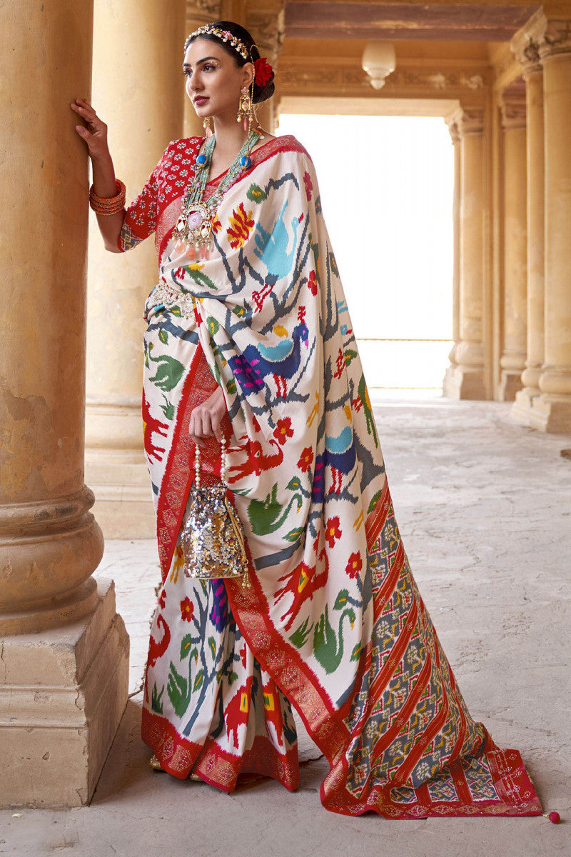 Pearl White Designer Patola Silk Saree- Best Seller!