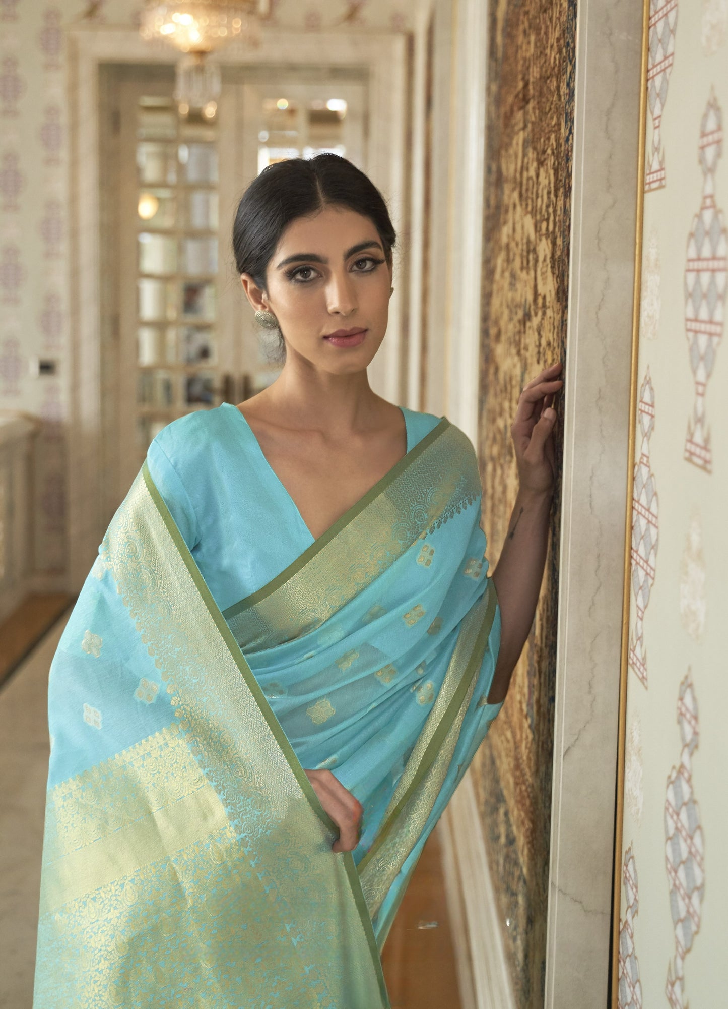 Arctic Blue Zari Woven Linen Saree