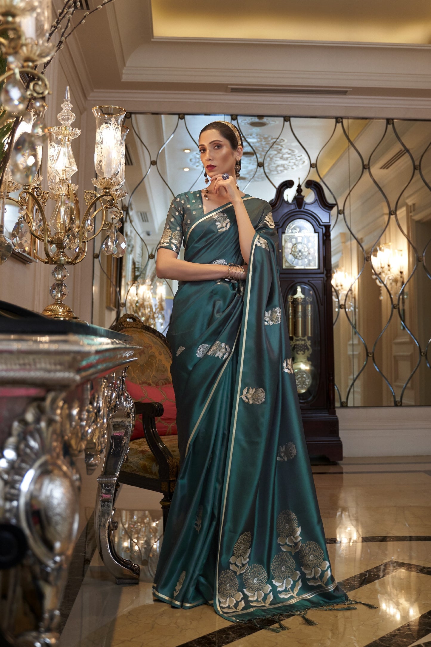 Seaweed Green Satin Silk Saree