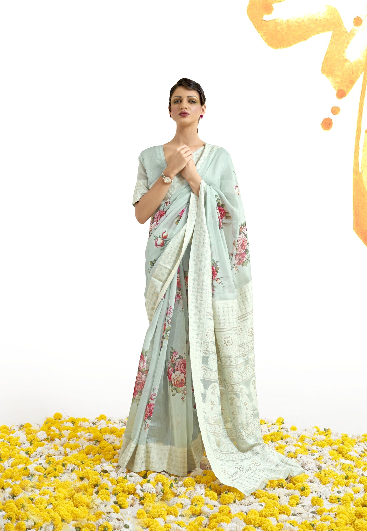 Geraldine Green Floral Print Lucknowi Chikankari Saree