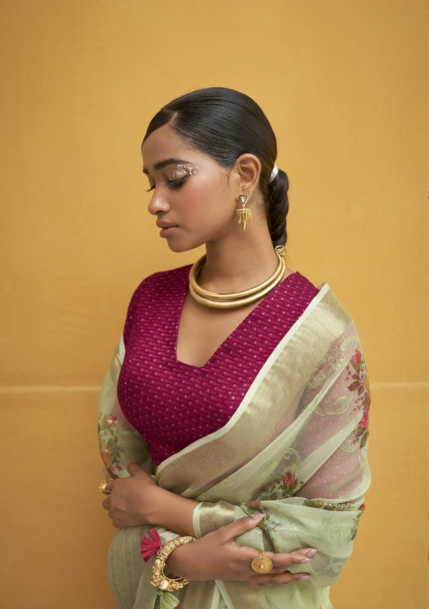 Mint Green Digital Printed Organza Silk Saree