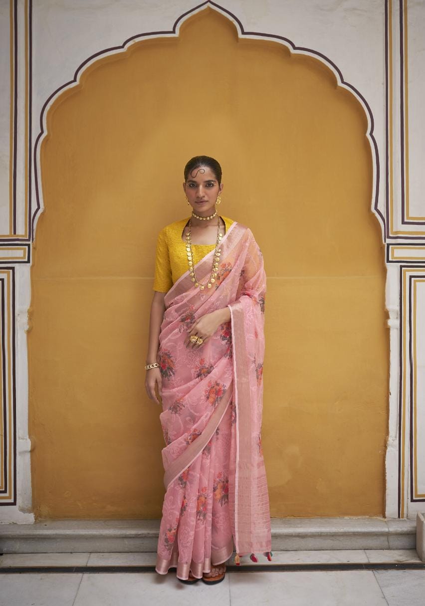 Flamingo Pink Digital Printed Organza Silk Saree