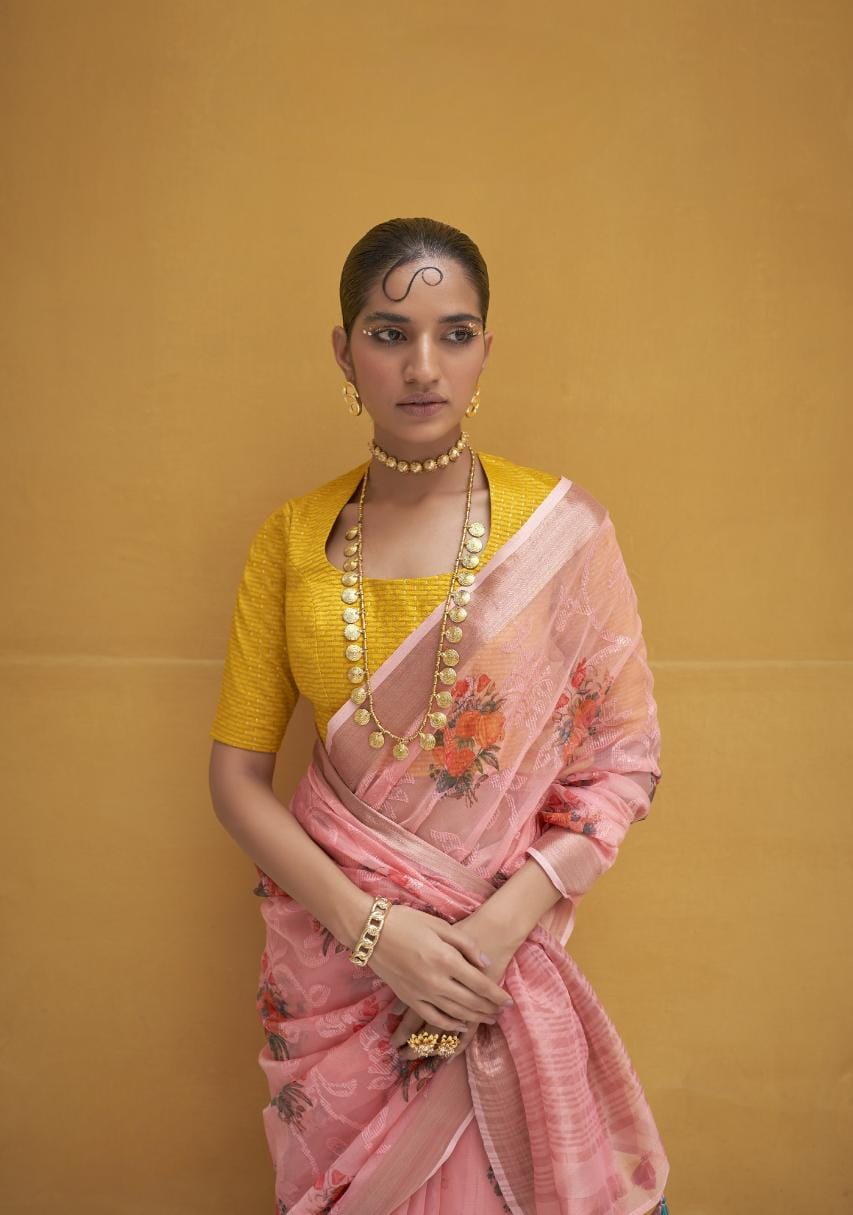 Flamingo Pink Digital Printed Organza Silk Saree