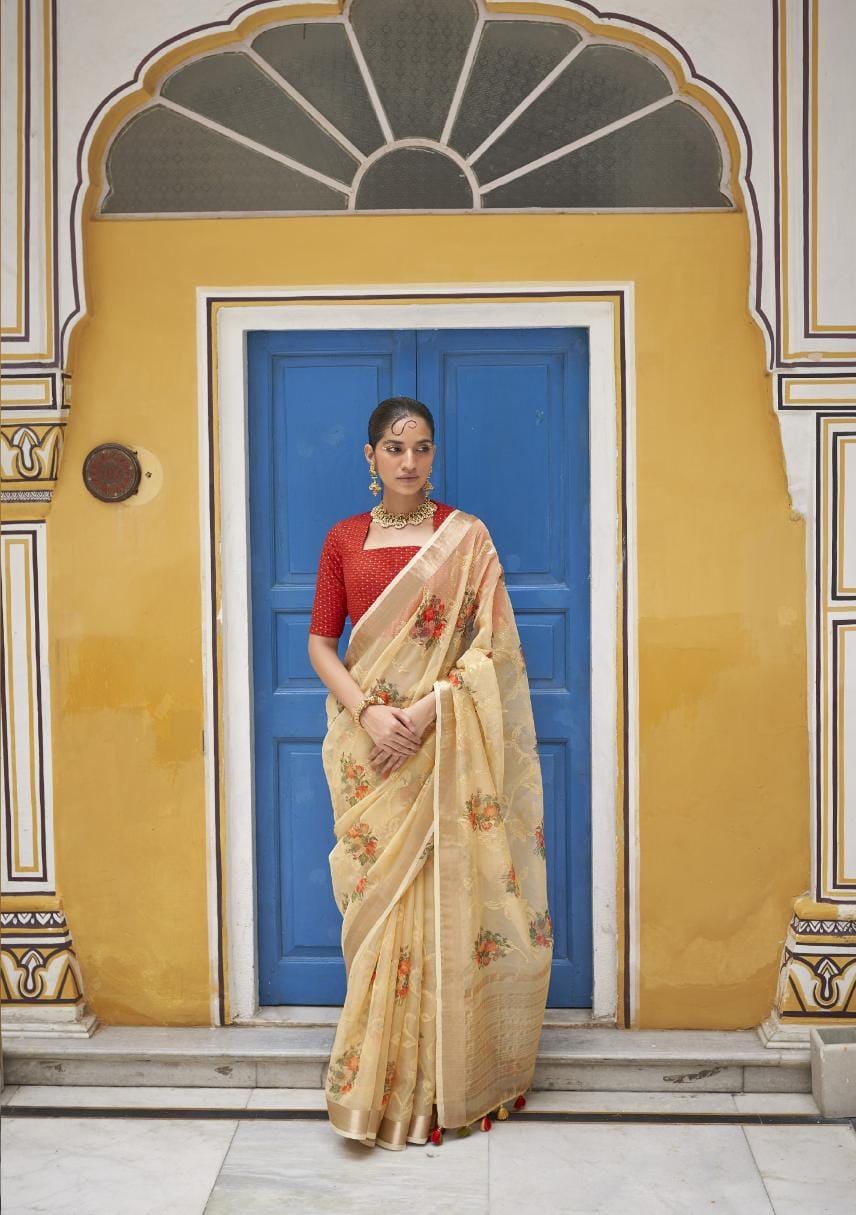 Beige Digital Printed Organza Silk Saree