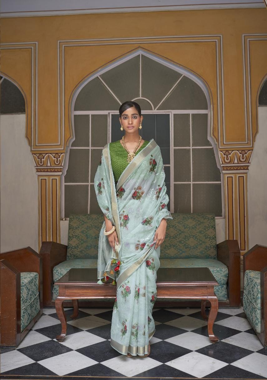 Light Rama Green Digital Printed Organza Silk Saree