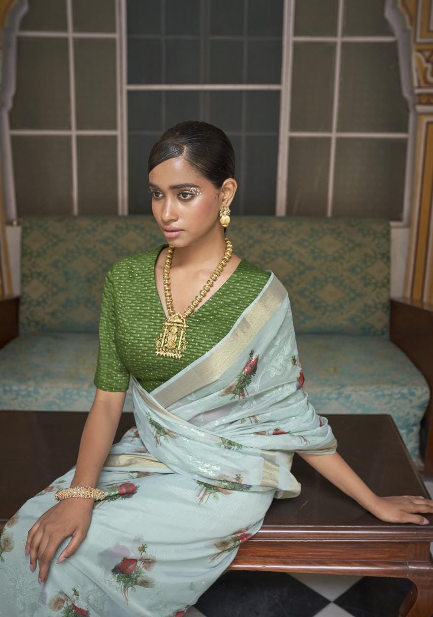 Light Rama Green Digital Printed Organza Silk Saree