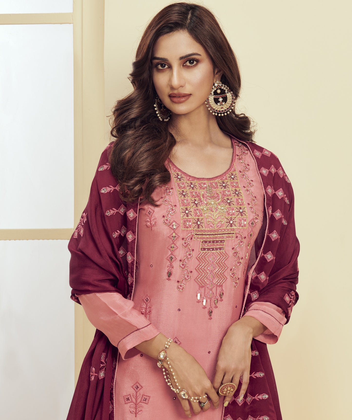 Pink & Magenta Embroidered Straight Salwar Suit
