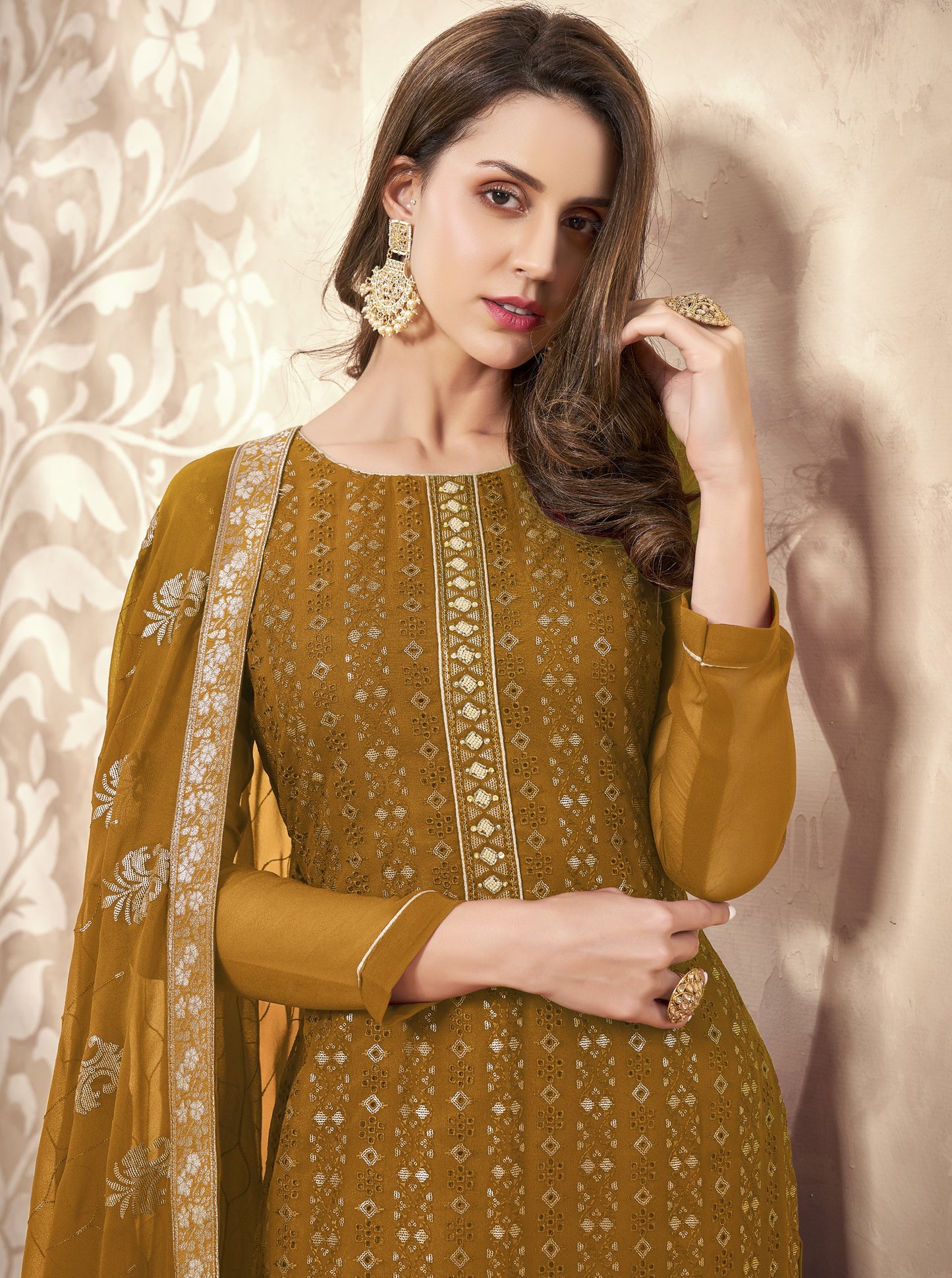 Granola Yellow Embroidered Georgette Straight Pant Suit