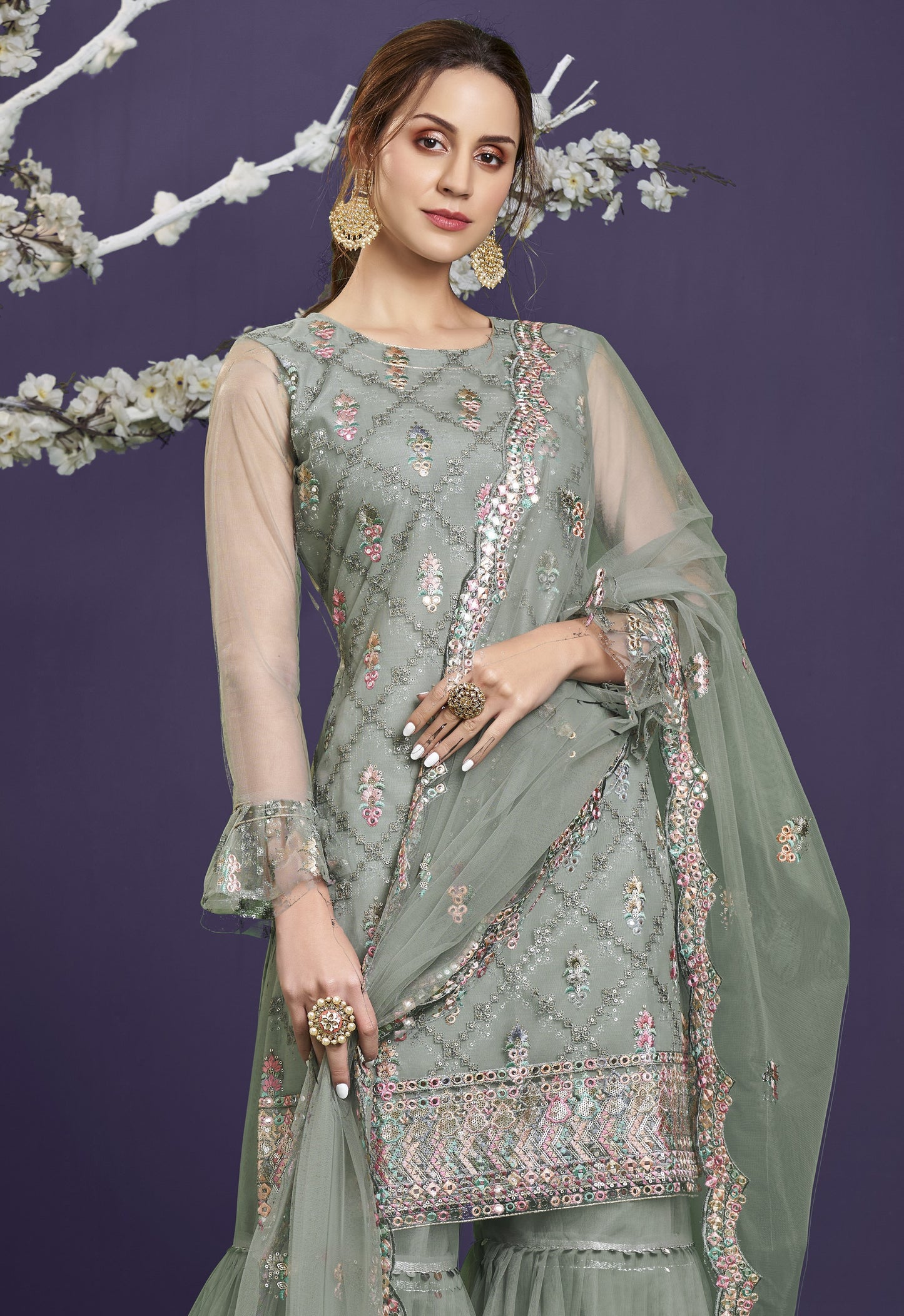 Sage Green Heavy Embroidered Georgette Gharara Set