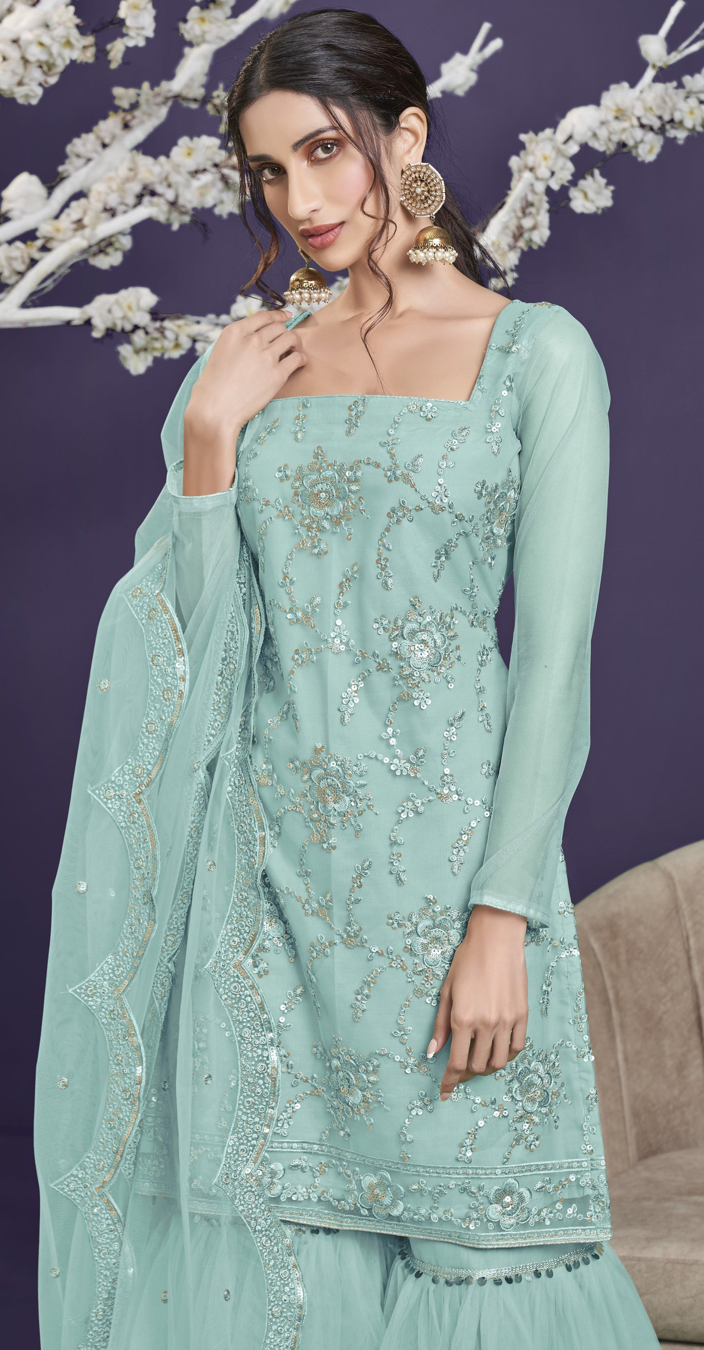 Sky Blue Heavy Embroidered Georgette Gharara Set