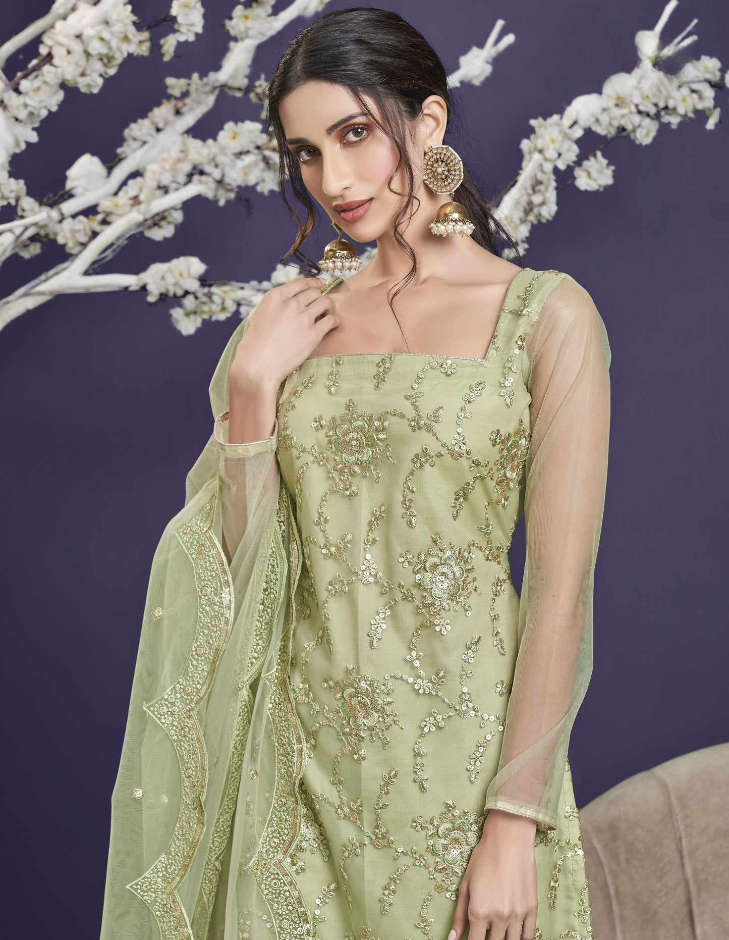 Olive Green Heavy Embroidered Georgette Gharara Set