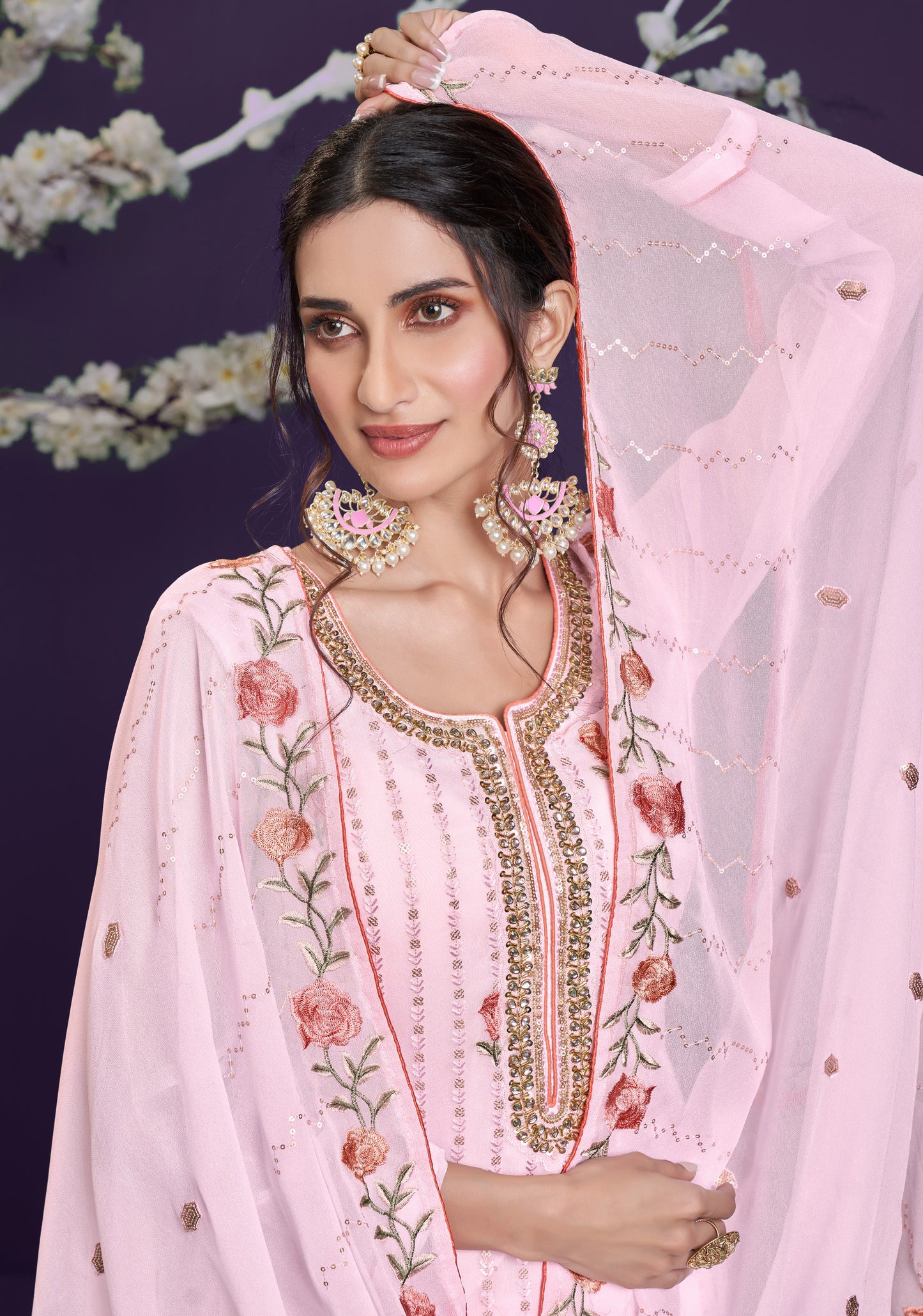 Blush Pink Embroidered Georgette Sharara Set